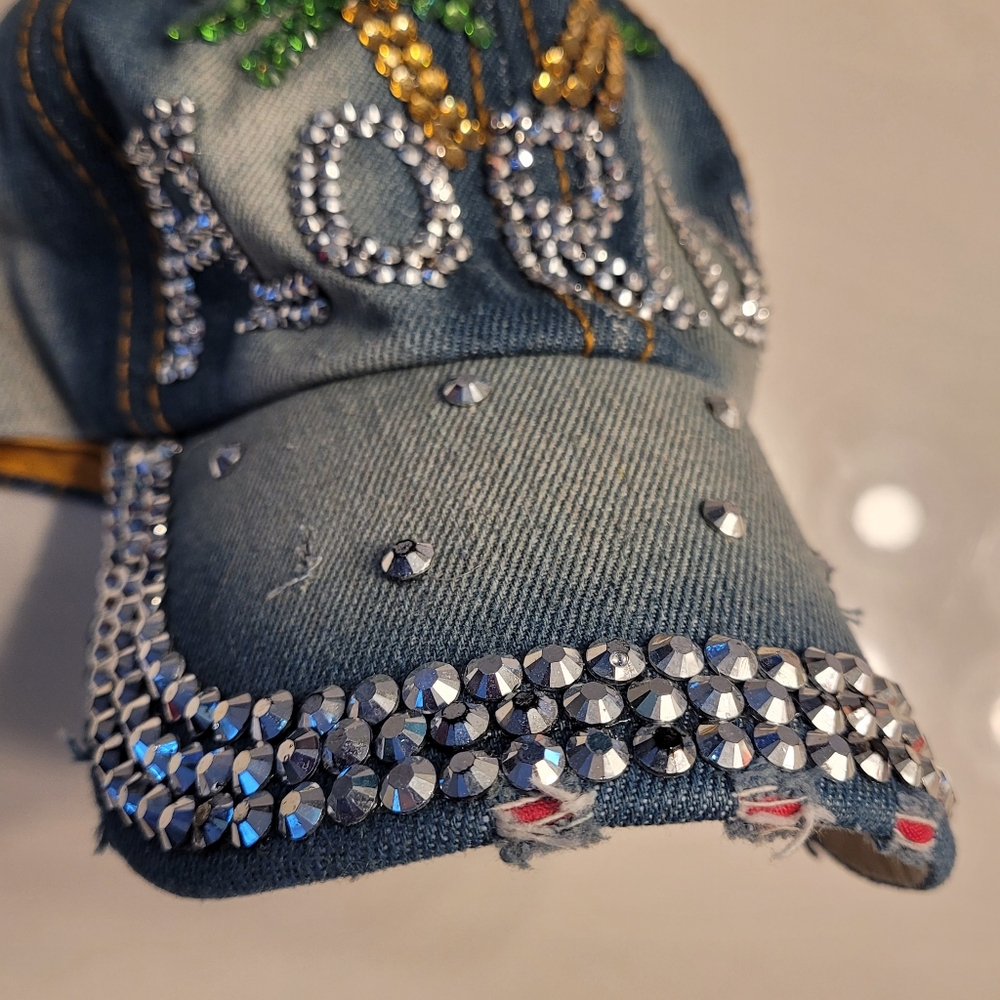 Florida Palm Trees Bedazzled Vintage Look Denim Asjustable Adult Ball Cap - Picture 13 of 13